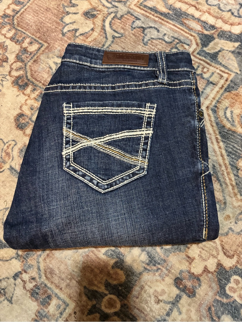 Rock & Roll Cowgirl Indigo Boot Cut Jeans with White Contrast Stitching